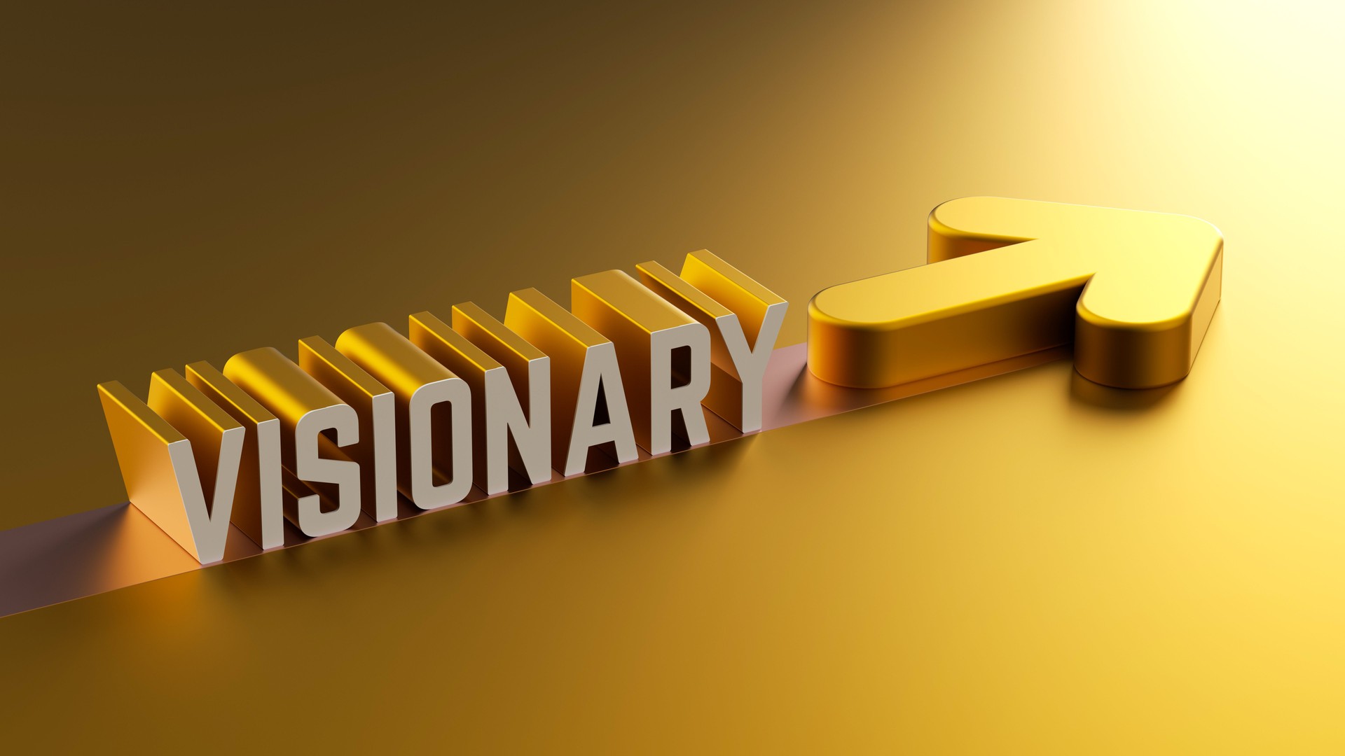 VISIONARY in  3D typography, bold arrow, golden background, metallic texture, dramatic lighting, sharp edges, sleek design, motivational art, 3D render.